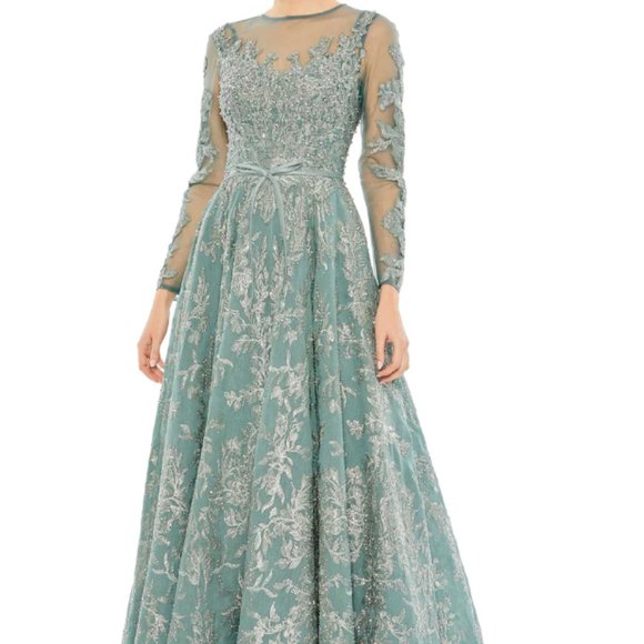 MAC DUGGAL 20337 EMBELLISHED BOW BELT LONG SLEEVE A-LINE JADE DRESS GOWN sz 8 - Picture 1 of 6